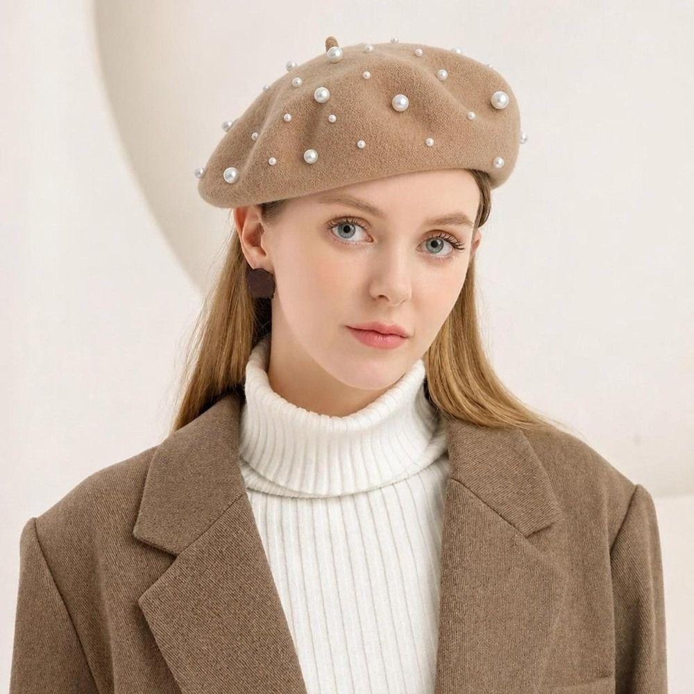 Fashion Warm Winter Wool Berets Hat Retro Pearl French Artist Hat All Matched Solid Color Felt Berets for Women