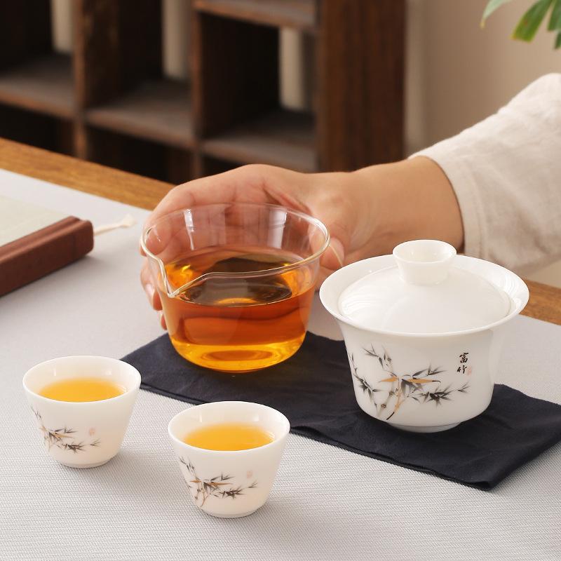 White Porcelain Blue And White Cover Bowl Outdoor Travel Kung Fu Tea Set Ceramic Cover Bowl Express Cup One Pot Two Cups Portable Bag