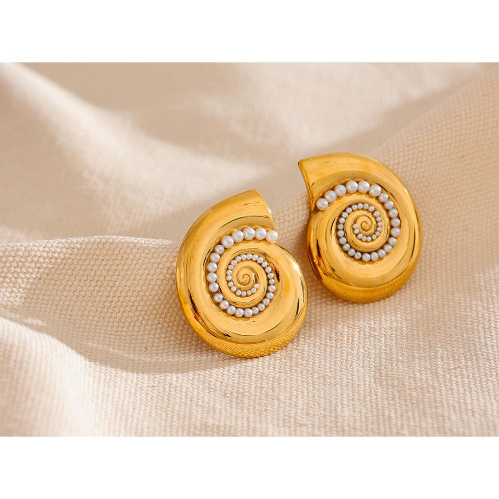 Yhpup Trendy Imitation Pearls Metal Shell Golden Stud Earrings Temperament Stainless Steel Summer Holiday Charm Jewelry New