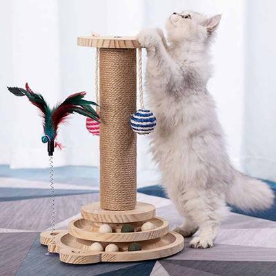 Pet Cat Toys One-piece Sisal Scratching Board Solid Wood Cat Climbing Frame Durable Cat Grab Column with Turntable Cat Toys