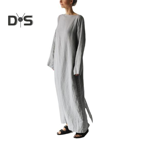 

Женское платье макси с вырезом «бато» и длинным рукавом, со свободной талией, на шнуровке, длинное платье, однотонное, свободное, тонкое, повседневное, платье L серый