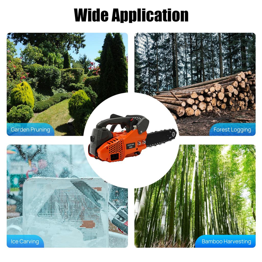 Gasoline Chain Saw 12" 25.4CC 2 Stroke Gas Chainsaw 1.22HP 900W High Power Gas Top Handle Chainsaw for Wood Logs Cutting