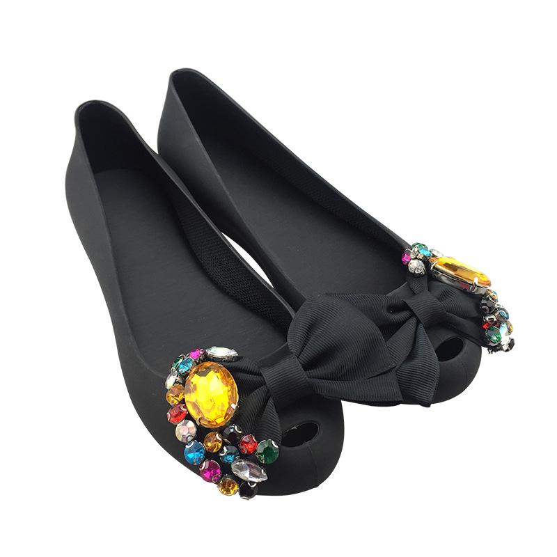 Summer Rhinestone Bow Flat Bottom Shallow Mouth Fashionable And Comfortable Casual Jelly Single Shoes Women'S Shoes