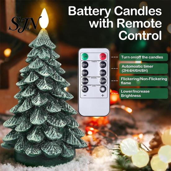 Snow Texture Candles Christmas Tree Candles, Flameless LED Flickering Wax with Remote Control, Led Flame Battery Operated Realistic Pine Decor