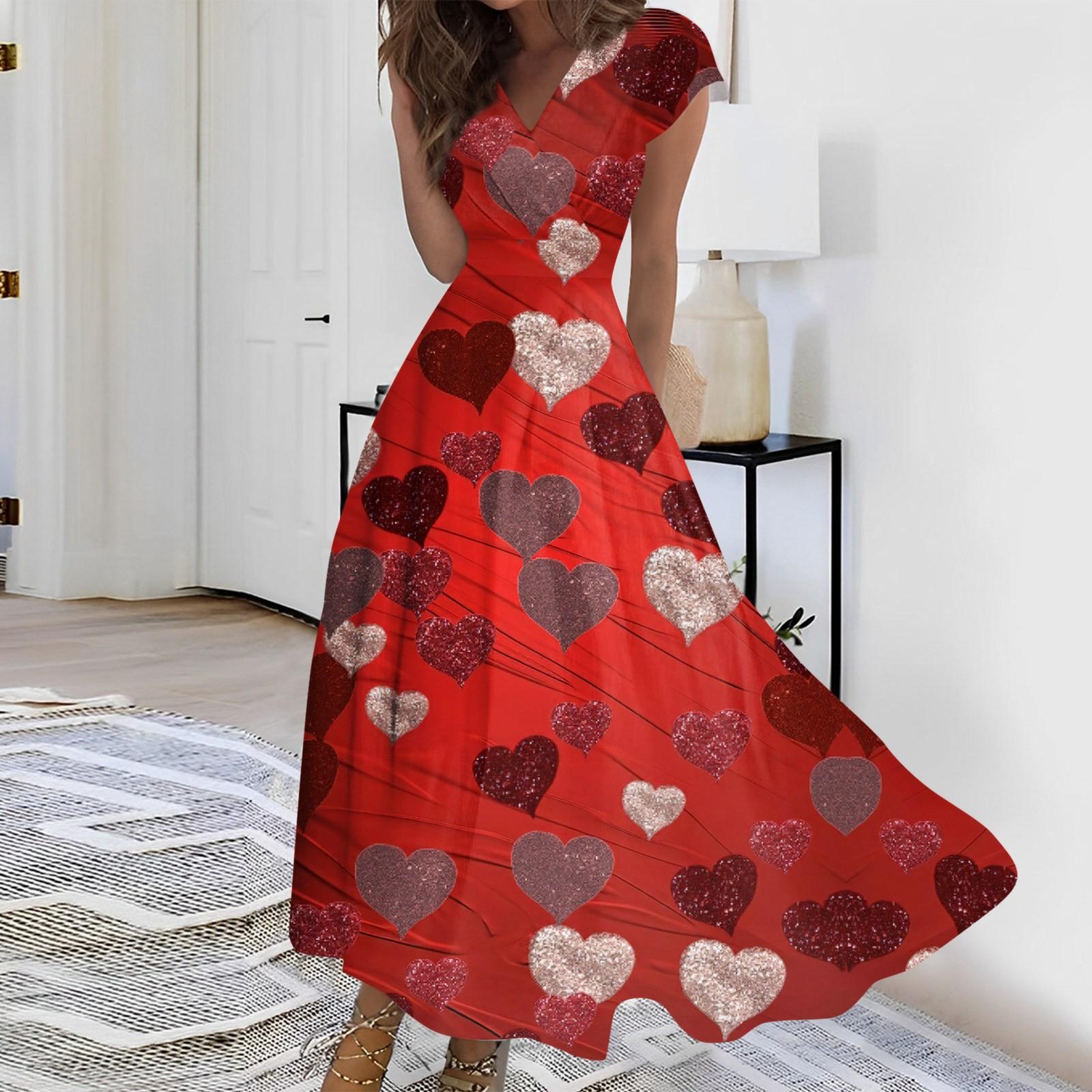 

Жіноча довга повсякденна сукня, весна-літо, з коротким рукавом, V-подібним вирізом і талією, принтована сукня XL червоний