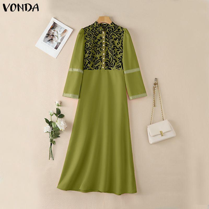 

VONDA Elegant Women Puff Sleeve Print Patchwork Casual Loose Maxi Dress M зелёный