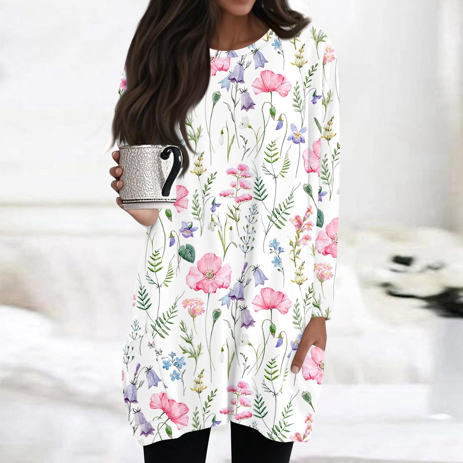 

Жіночі топи з круглим вирізом, блузки з довгим рукавом, повсякденні сорочки середньої довжини, модні туніки з принтом та кишенями XL білий