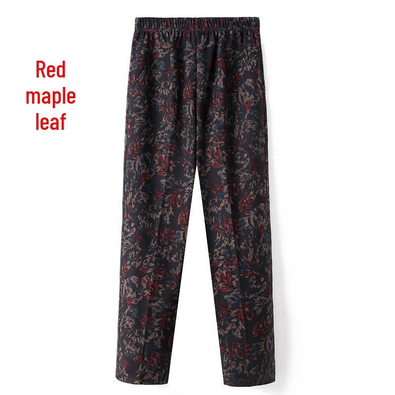 Women's Fleece-Lined Pants, Loose Straight Leg for Middle-Aged/Elderly, Patterned Plus Size, Mom's Style, Fit for All Seasons (Spring, Autumn, Winter)