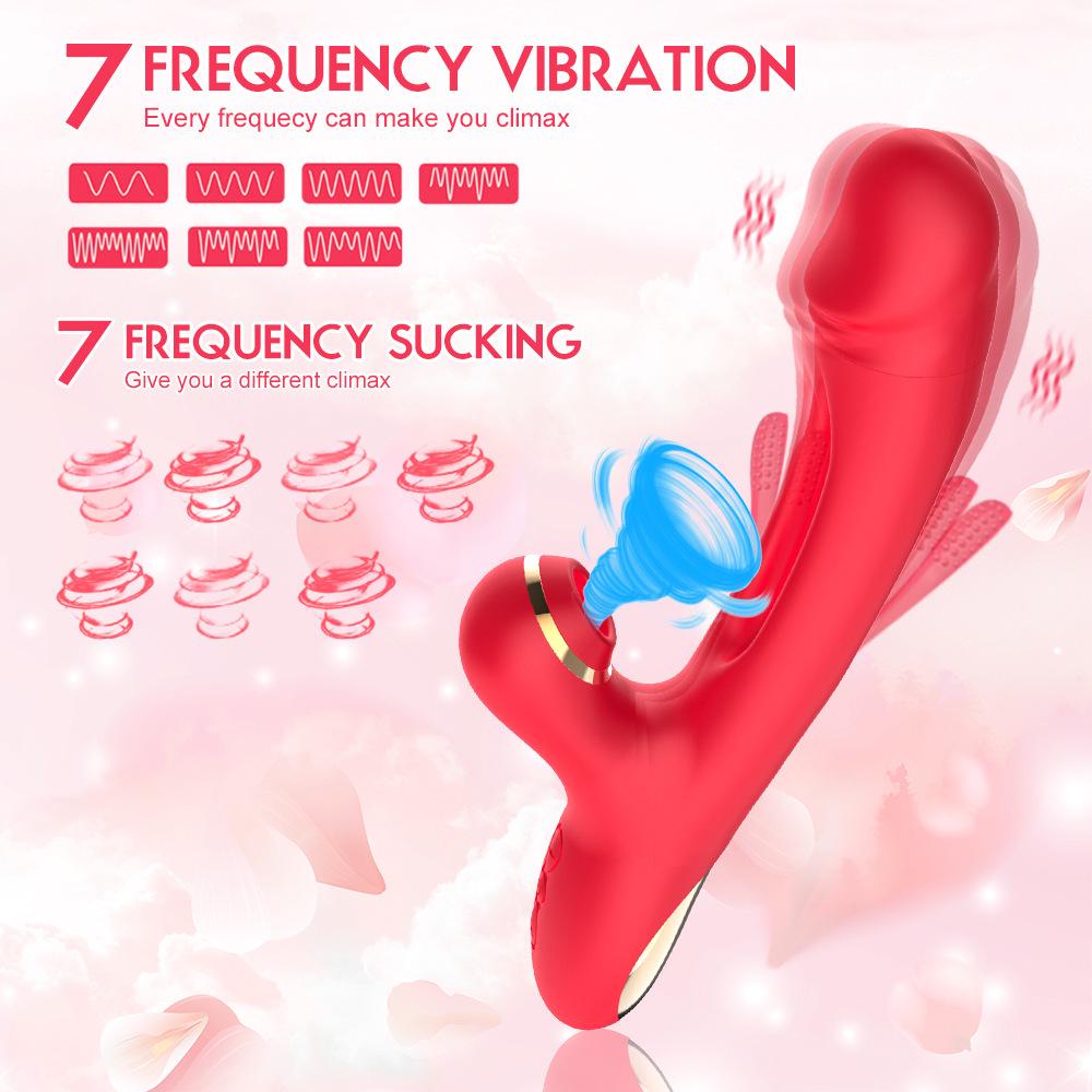 Frauenvibrator mit Klopf-, Saug-, Leck- und Vibrationsstimulation.