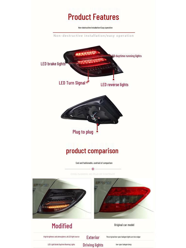 Compatible with 07-14 Mercedes-Benz C-Class W204 LED Taillight Assembly with Flowing Turn Signal and Daytime Running Light