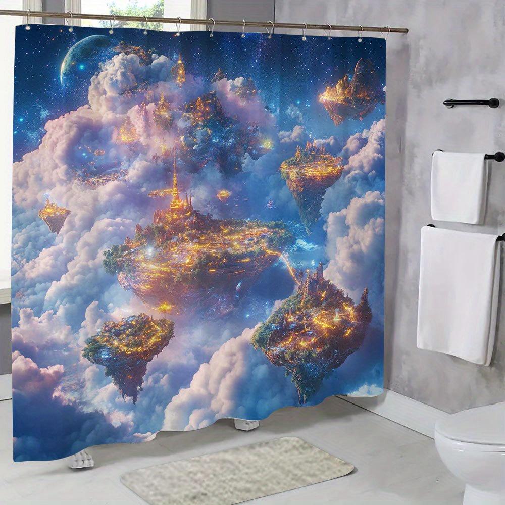 1pc Fantasy Floating City in Clouds Shower Curtain Enchanting Landscape Bathtub Partition Hanging Fabric Includes 12 Hooks