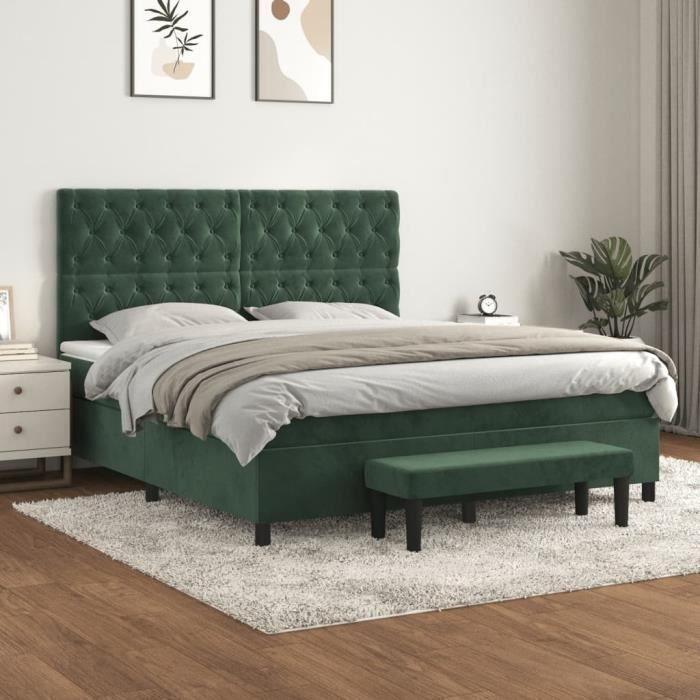 3138034 vidaXL Lit à sommier tapissier et matelas Vert foncé 160x200cm Velours