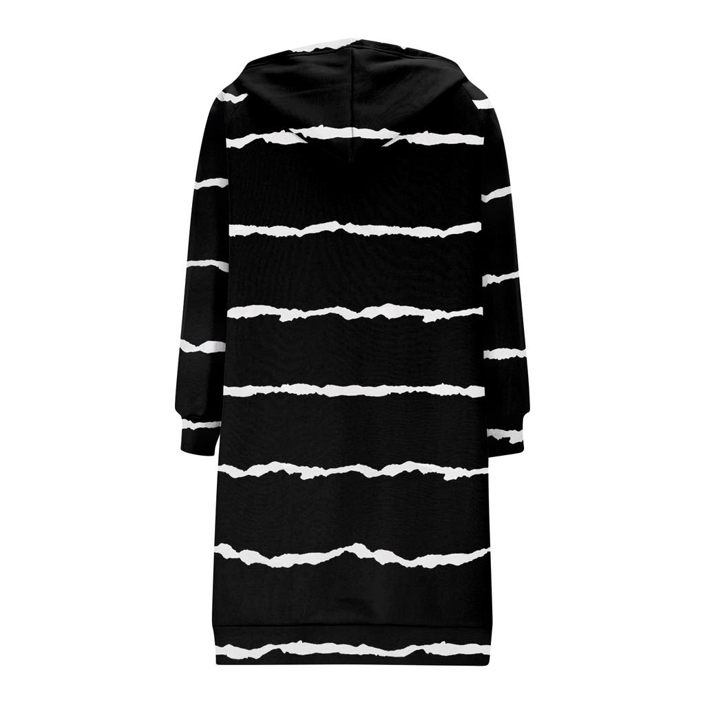 Damen Modische Gestreift Bedruckte Langärmelige Kordelzug Kapuzenjacke mit Reißverschluss und Taschen Langes Lässiges Sweatshirt