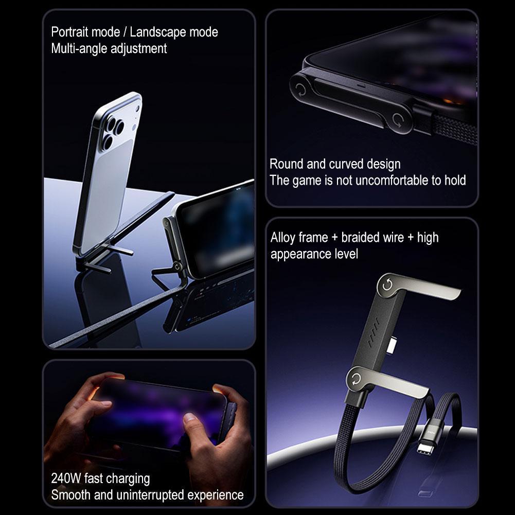 Folding Phone Holder Elbow Fast Charging Data Cable 240w Type-C To Type C 2IN1 Stand Phone Holder For iPhone 17 Tablet
