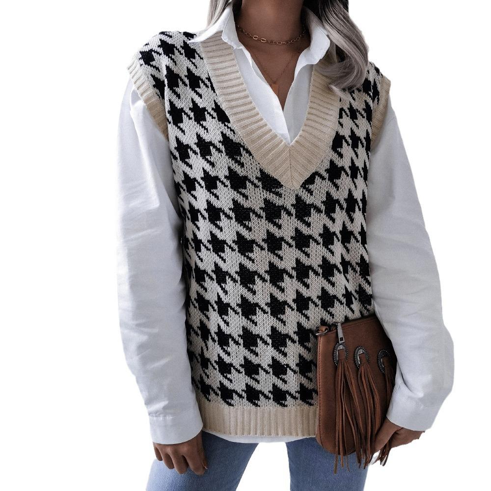 Clearance 2023 Autumn/Winter European-American V-neck Houndstooth Casual Loose Knit Vest Sweater Waistcoat.