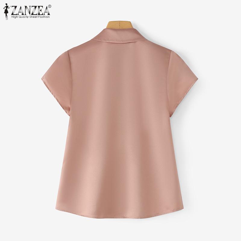 ZANZEA Women Summer Casual Doll Collar Short Sleeve Satin Blouse