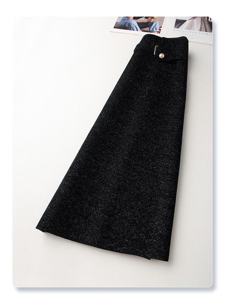 Women's Black Wool A-line Midi Skirt with Irregular Hem for Autumn/Winter 2024