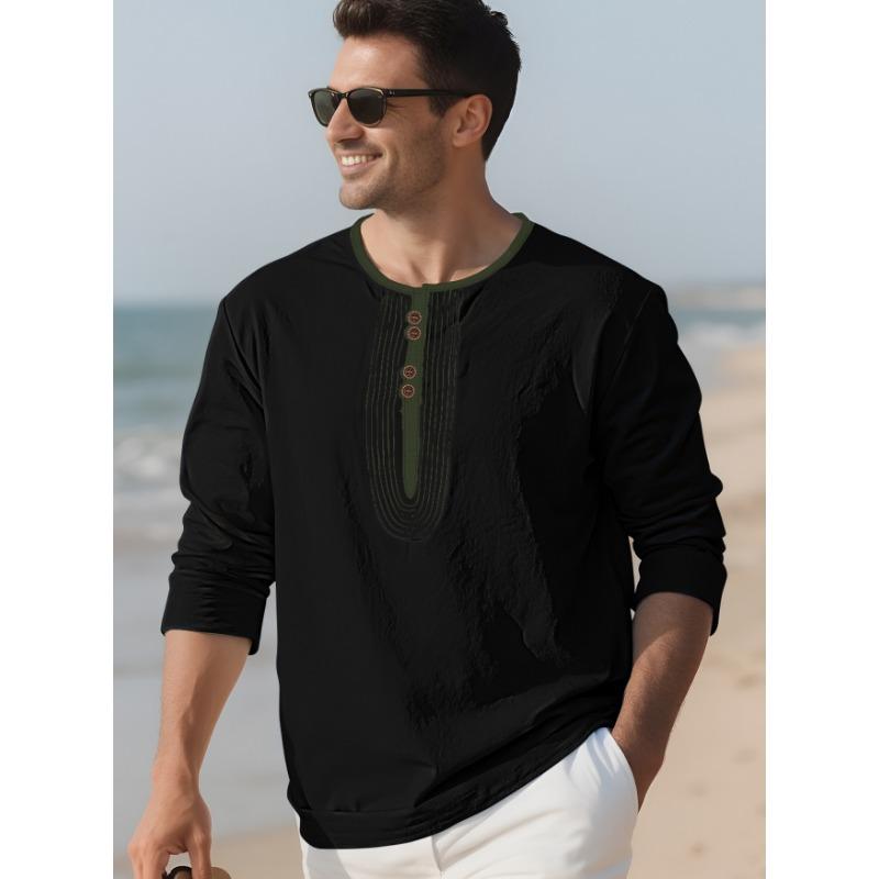 Men's Casual Henley Neck Long Sleeve Tunic Top with Pleated Detail
