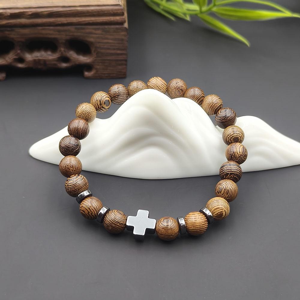 Black Hematite Cross Beaded Bracelet with Wooden Beads - Unisex Handmade String Accessory