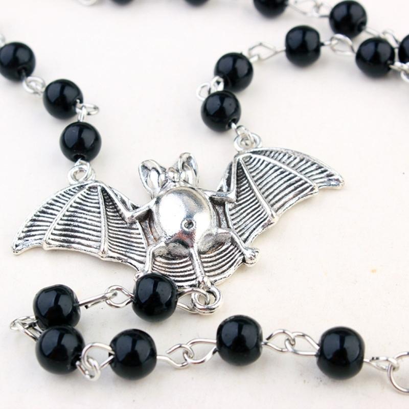 Ankh Kreuz Fledermaus Anhänger Halskette Goth Lange Rosenkranz Perlen Halskette Halloween Schmuck Y2k Punk Pullover Kette Halskette