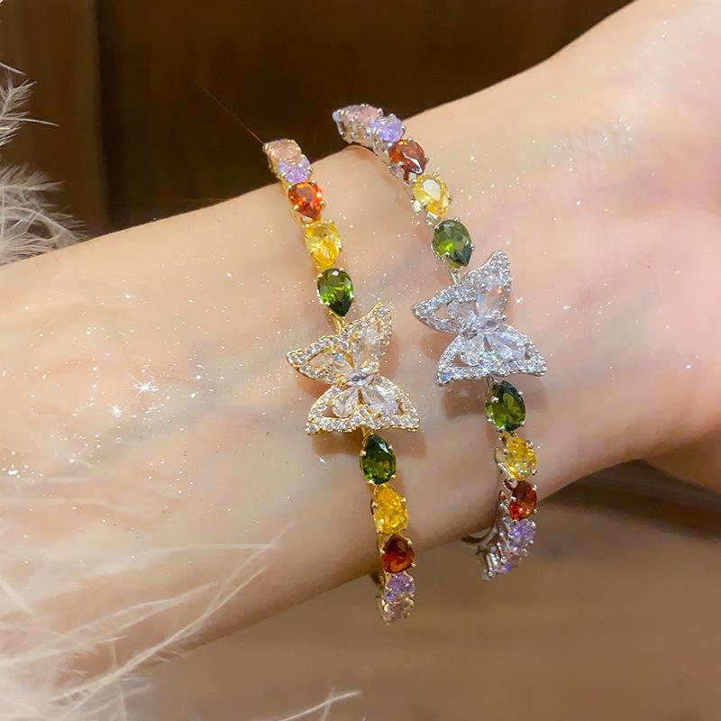 Korean-Style Zircon Butterfly Teardrop Open Bangle: Exquisite Light Luxury Women's Bracelet