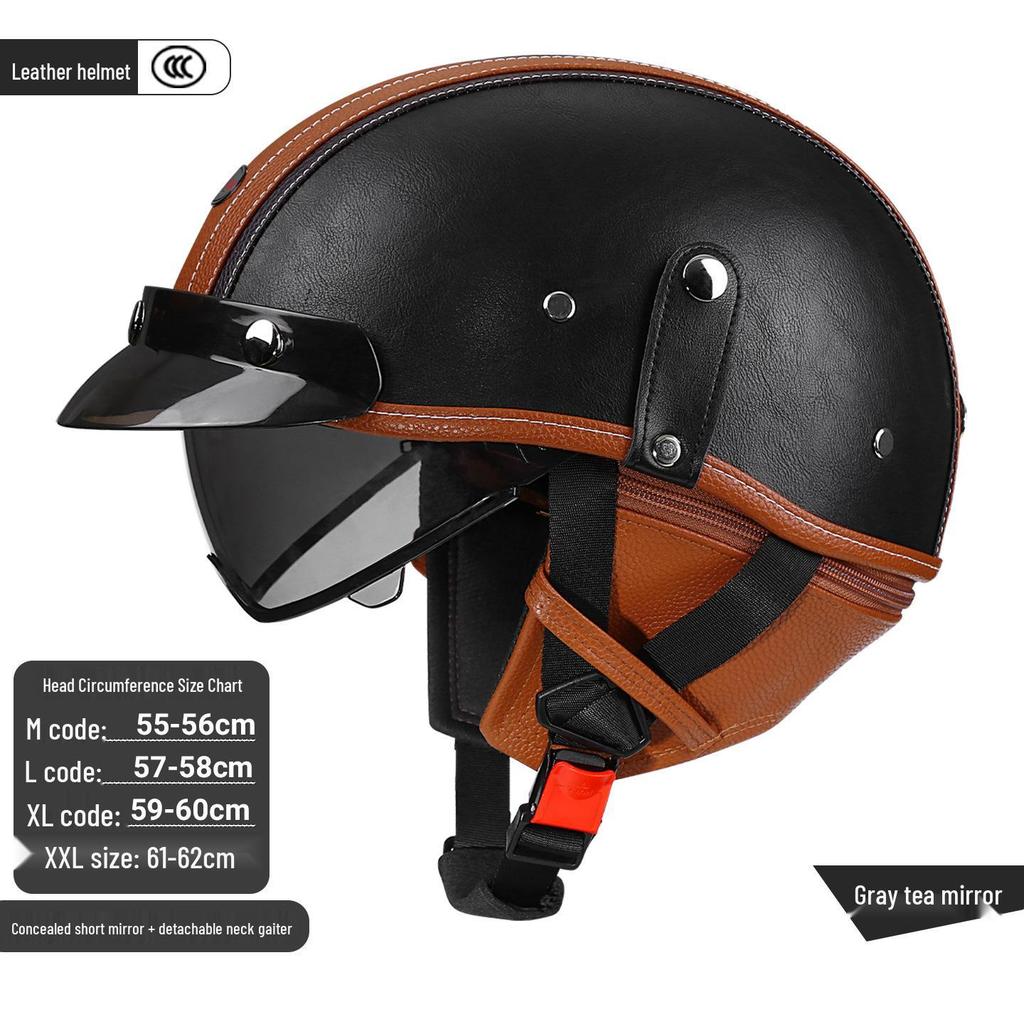 3C Certified Retro Leather Electric Motorcycle Half Helmet with Detachable Neck Guard for Men and Women - Model AF-R09
