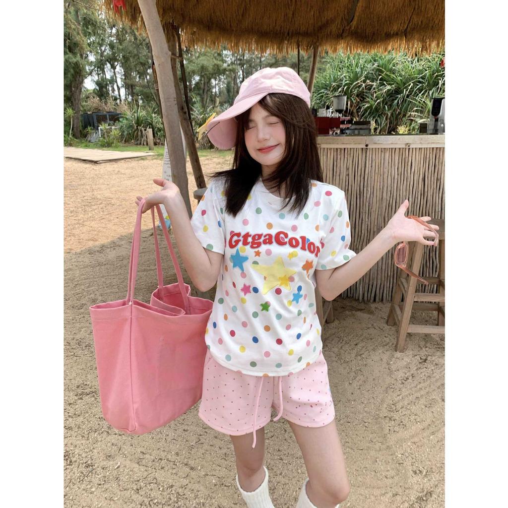 Dopamine Polka Dot American Sweet Spice Girl Short Sleeve T-Shirt ins Slim Front Shoulder Personality Printed Design Top Versatile