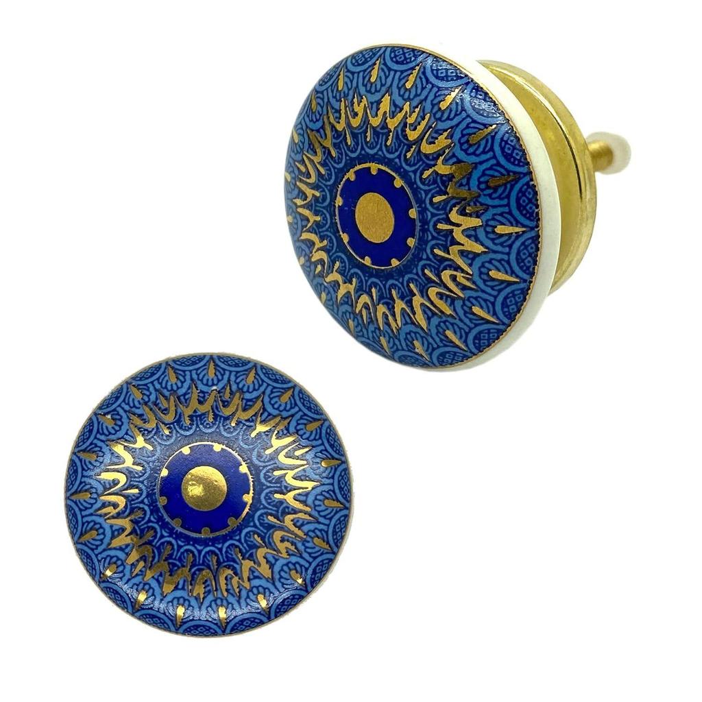 Ceramic Knobs Drawer Pulls for Cabinets and Cupboards (38mm, Gold Multicolour) - Pack of 4 Knobs (Blue Mandala)