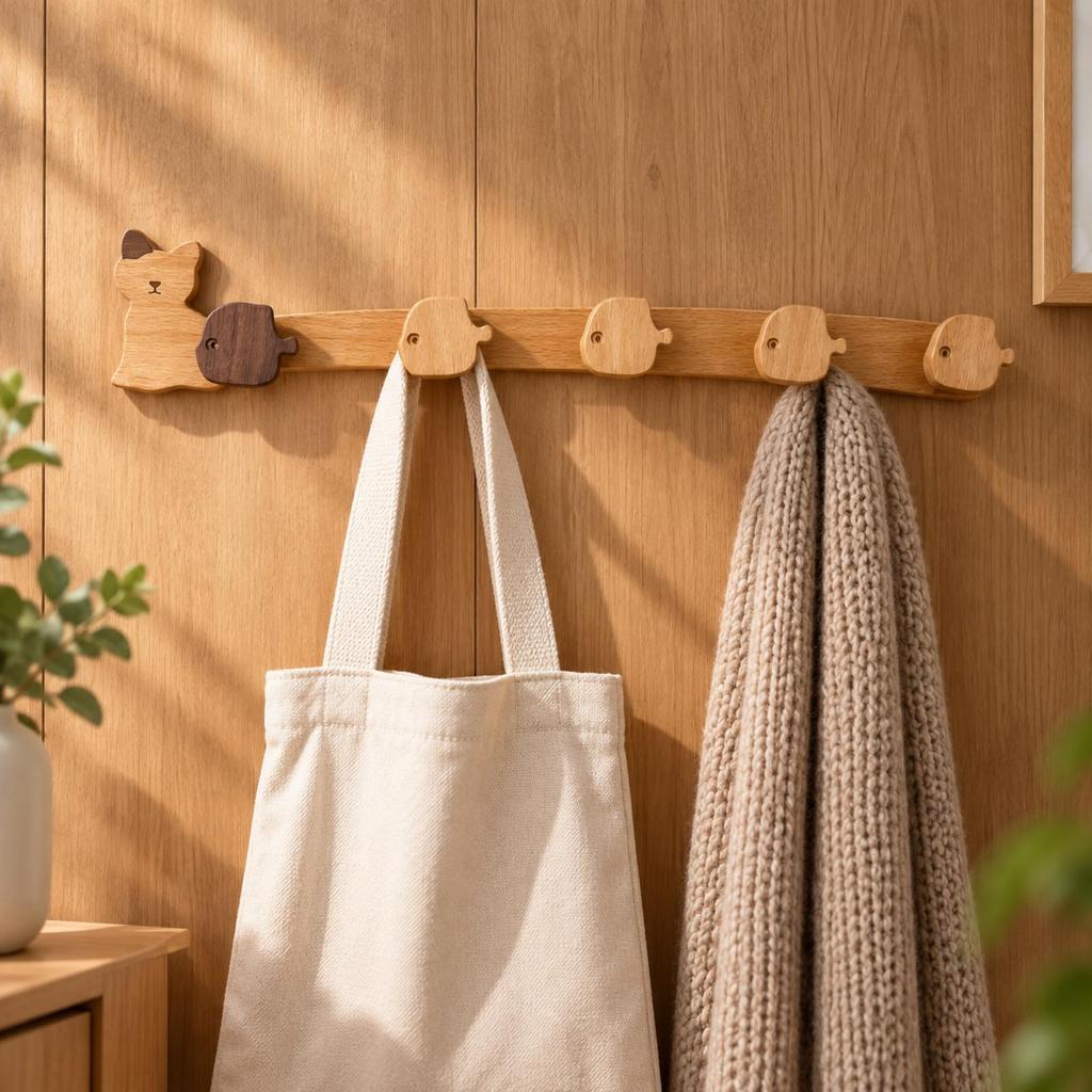 Cat-Shaped Wall-Mounted Coat Hook Rack Versatile Wooden Wall