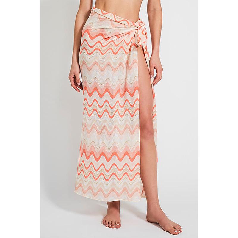 

Юбка миди с принтом волн, высоким разрезом и шнуровкой - стиль для пляжного отдыха One Size бежевый