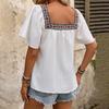 Summer Women Blouse Lace Embroidered Square Neck Backless Pullover Shirt Short Sleeve Lotus Leaf Holiday Spring S-XL