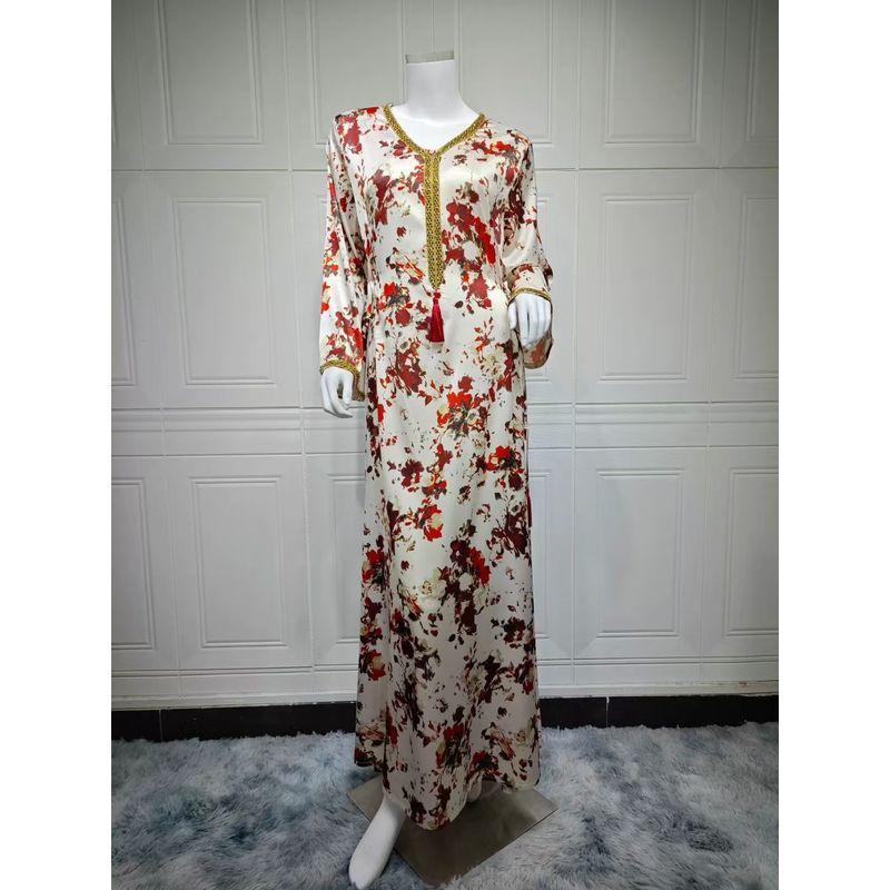 

New Arrival Middle East Turkey Print Robe V Neck Tassel Belt Dress Printed V-neck Dress Red XL