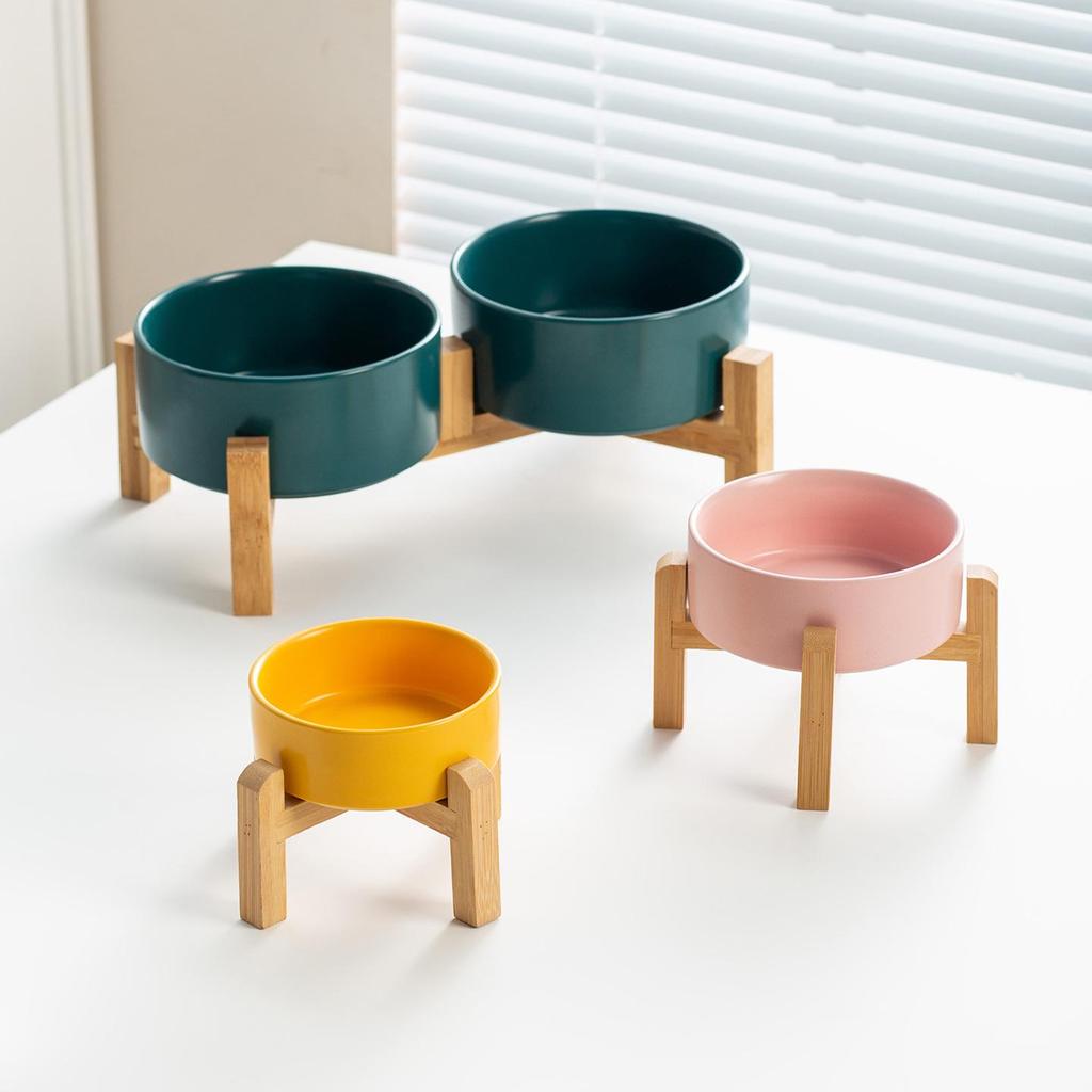 Ceramic Pet Food Bowl with Elevated Bamboo Stand - Anti-Tip Design for Dogs and Cats, Protects Cervical Spine