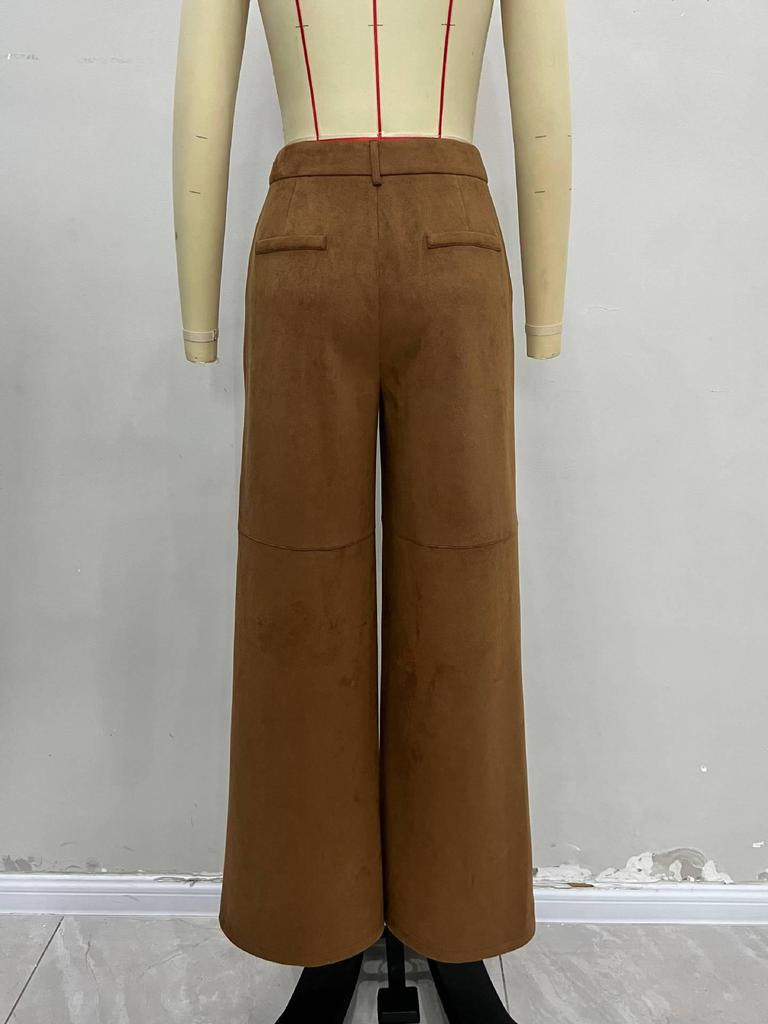 Women's High-Waisted Suede Casual Wide-Leg Pants with Double Pocket Design