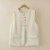 Plus Size Women Sleeveless Vest Round Neck 5 Buttons Casual Waistcoat Loose Layering Outerwear Spring Autumn