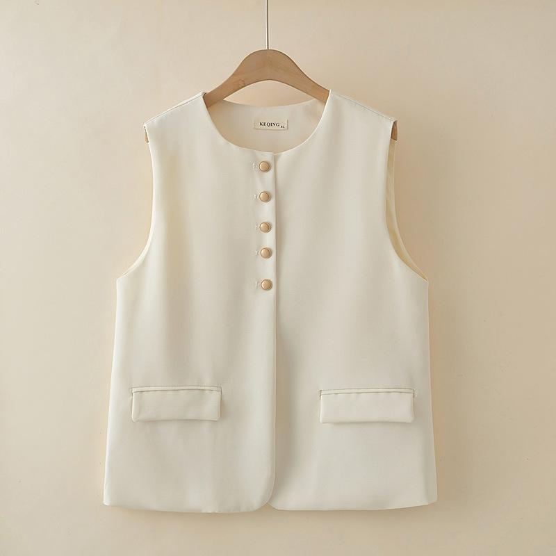 Plus Size Women Sleeveless Vest Round Neck 5 Buttons Casual Waistcoat Loose Layering Outerwear Spring Autumn