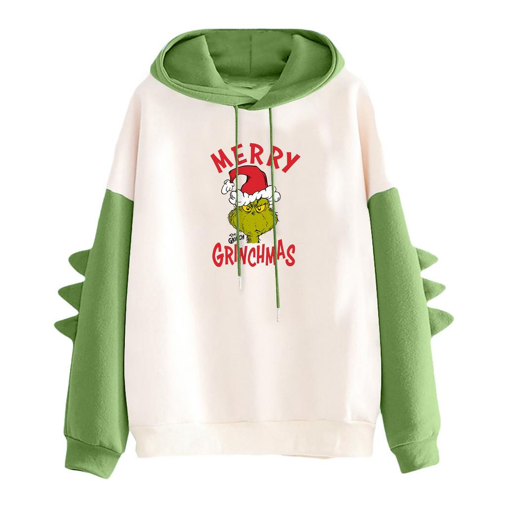 Women's Christmas Printed Contrasting Dinosaur Loose Casual Hoodie