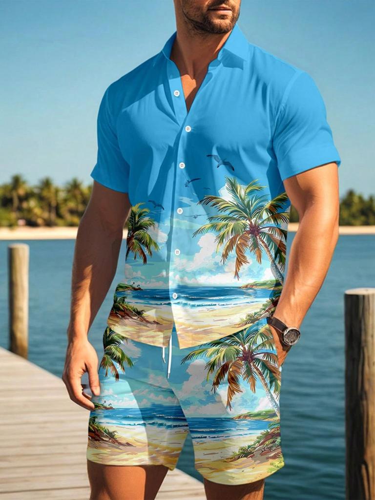 Summer Everyday Men's Sports Shorts Seaside Resort Men's Casual Shirt Men's Hawaiian Short Sleeve Shirt And Beach Shorts Set