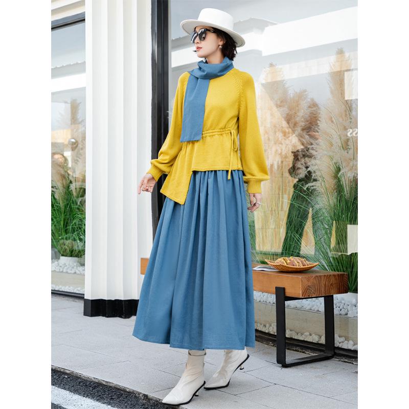 2026 Spring Yellow Knit Top & Blue Skirt Color Block Casual Women's Set