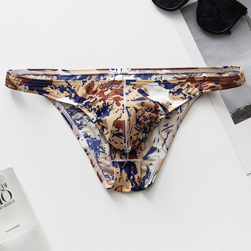Men's Printed Ice Silk Triangle Underwear Slim Fit Breathable Elastic Low Waist Sexy One-piece Underwear