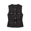 Spring and Summer New Women's Clothing Single-Breasted Flip round Neck Sleeveless with Belt Texture Vest 2132091
