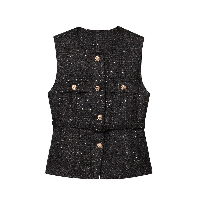 Spring and Summer New Women's Clothing Single-Breasted Flip round Neck Sleeveless with Belt Texture Vest 2132091