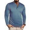 Men Henley Collar Contrast Stitching Long Sleeve Solid Color Slim Casual Button T Shirt