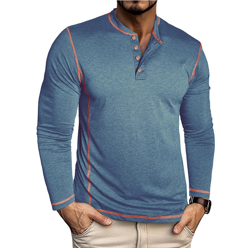 Men Henley Collar Contrast Stitching Long Sleeve Solid Color Slim Casual Button T Shirt