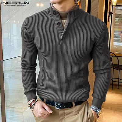 Men Buttons Mockneck Long Sleeve Rib Knitted Pullovers Tops