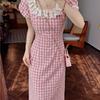 French Red Plaid Dress Women's Summer New Small Man Is Huge, Good-looking, Unique and Beautiful Waist Pinch Dress