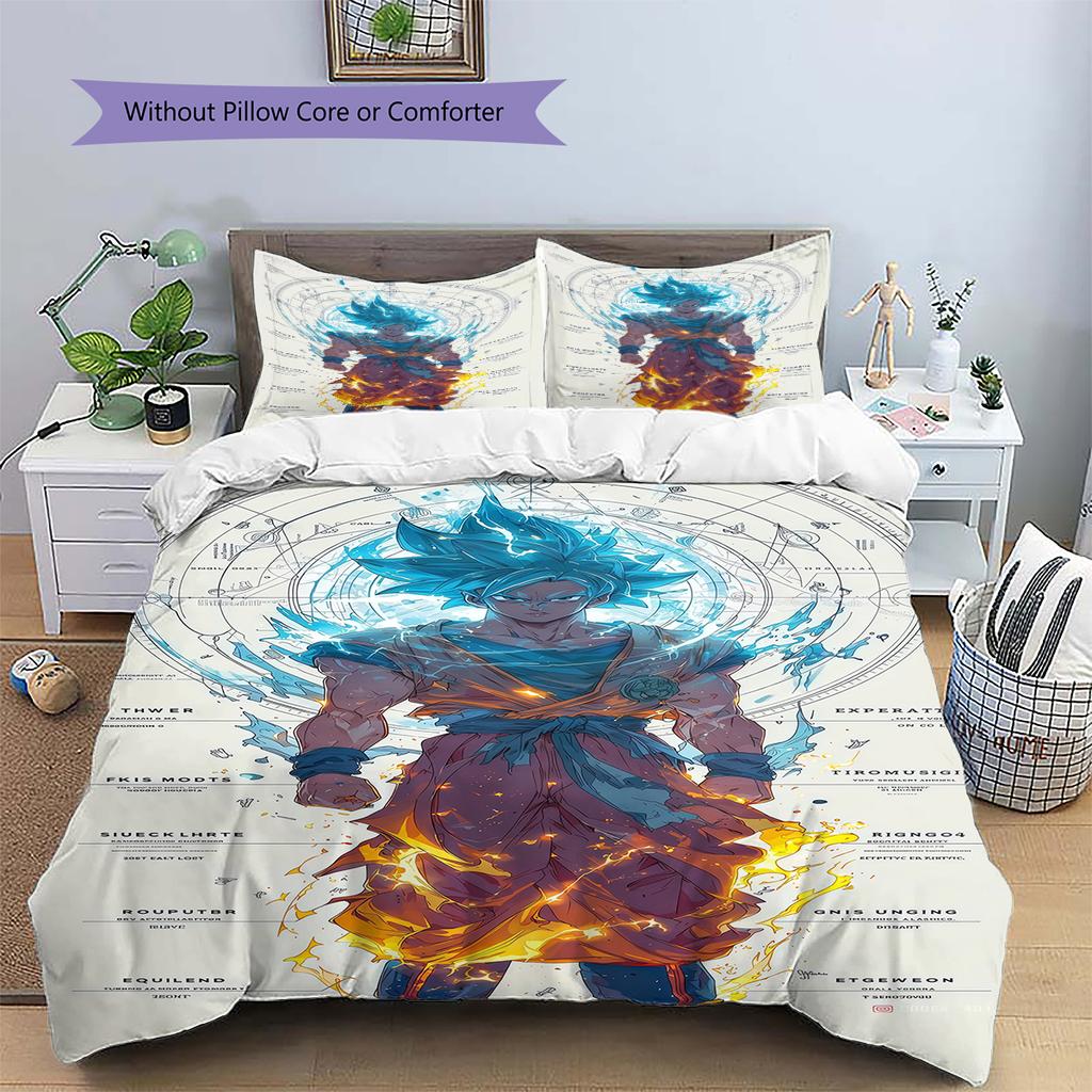 Ropa de cama con estampado de Son Goku, Juego de colcha, Funda de colcha, Funda de almohada, Regalo de cumpleaños para el hogar (1 * funda nórdica + 2 * fundas de almohada, sin núcleo)