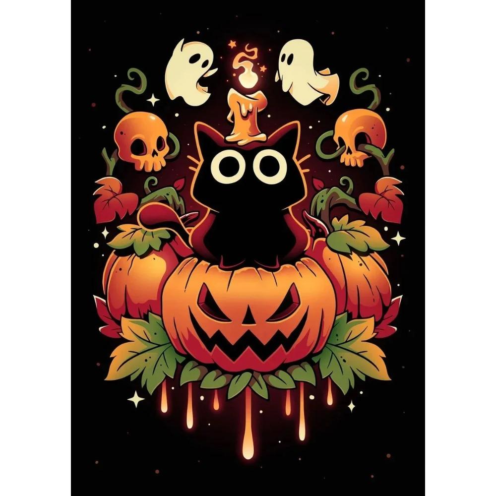 A Classic Vintage Wall Art Pumpkin Black Cat Ghost Painter Halloween Night, Printed Poster, Home Living Room Bedroom Decoration