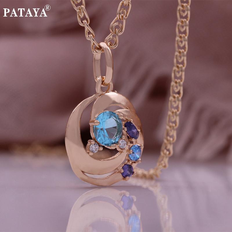 PATAYA Rose Gold Color Tiling Mixed Color Artificial Zirconia Geometric Pendant And 50cm Necklace