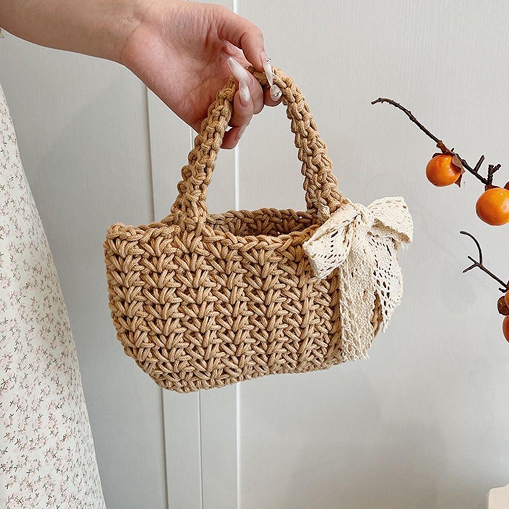 Lace Bowknot Beach Straw Bag Large Capacity Knitted Handbag Braided Underarm Bag  Woman Girls